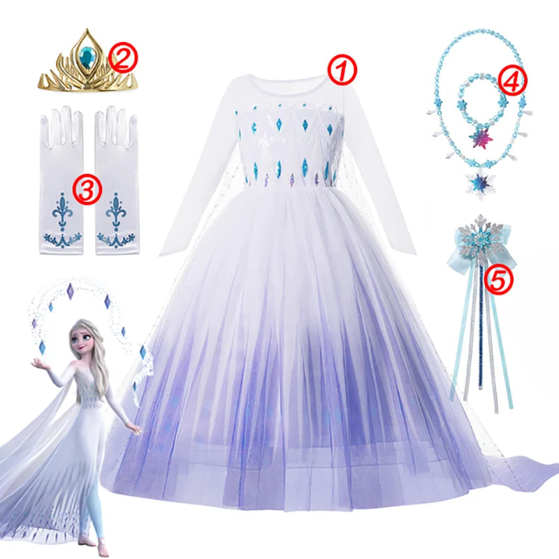 Girls' Disney Frozen Princess Dress (130-150cm)- Elsa & Anna Snow Queen Cosplay Ball Gown with White Sequins for Carnival & Kids Costume