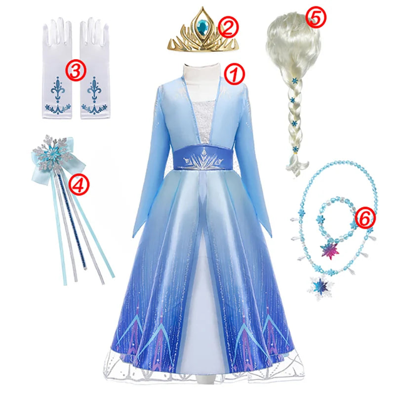 Girls' Disney Frozen Princess Dress (100-120cm) - Elsa & Anna Snow Queen Cosplay Ball Gown with White Sequins for Carnival & Kids Costume