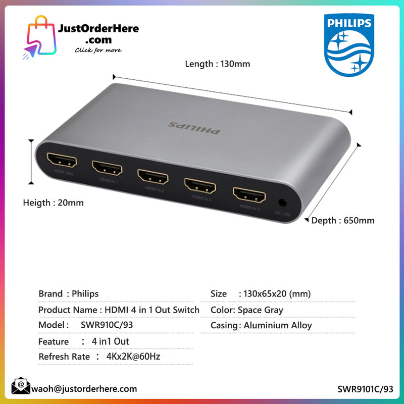 Philips HDMI 4 Input 1 Output Switch with Wireless Remote Up to 4K@60Hz /3D