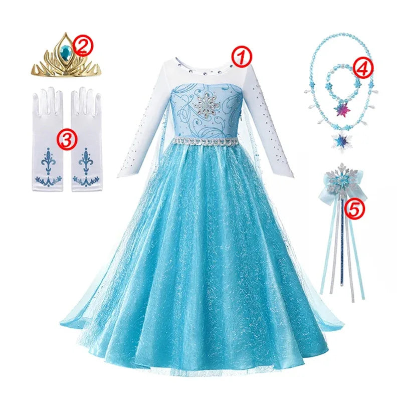 Girls' Disney Frozen Princess Dress (100-120cm) - Elsa & Anna Snow Queen Cosplay Ball Gown with White Sequins for Carnival & Kids Costume