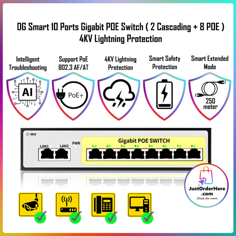 DG Smart AI 10 Ports Gigabit POE Switch ( 2 Cascading + 8 POE ) 4KV Lightning Protection