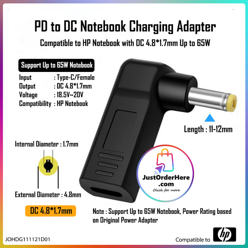 DG Charging Adapter Type C Female to DC 4.8*1.7mm - Compatible to HP 65W