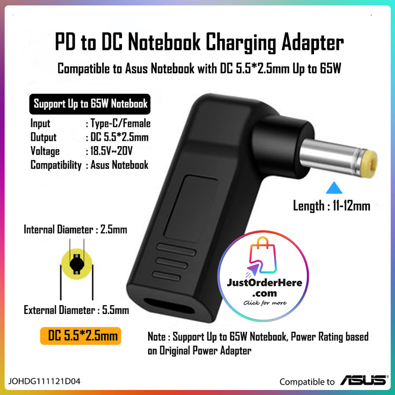 DG Charging Adapter Type C Female to DC 5.5*2.5mm - Compatible to Asus 65W