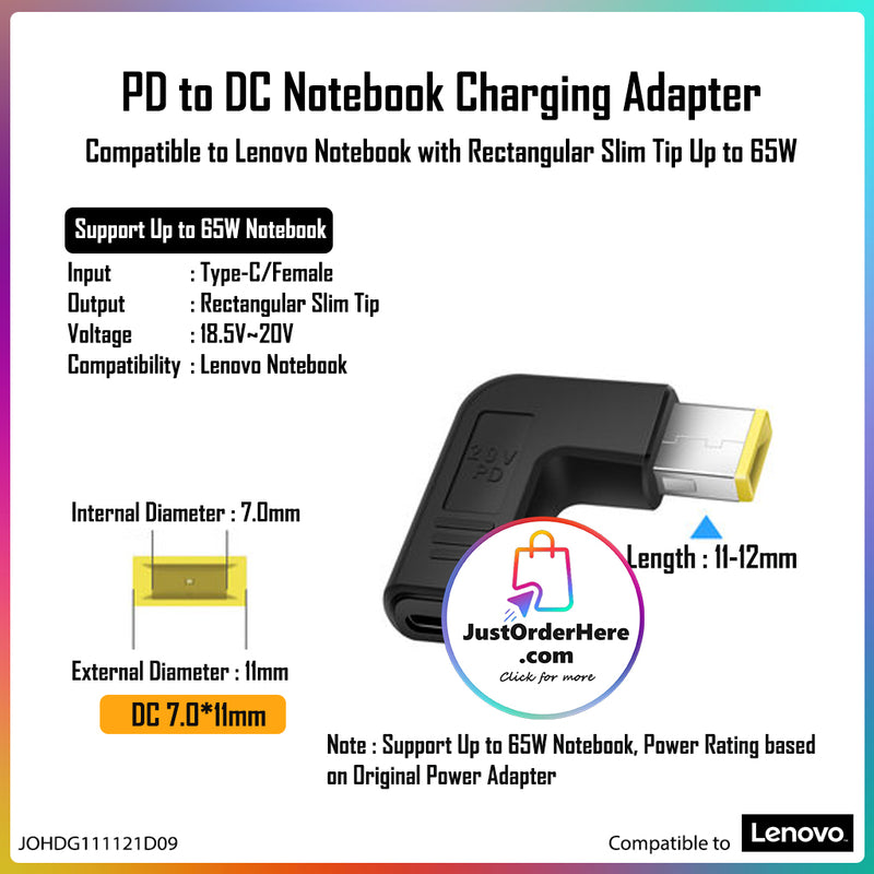 DG Charging Adapter Type C Female to DC Rectangular Slim Tip - Compatible to Lenovo 65W
