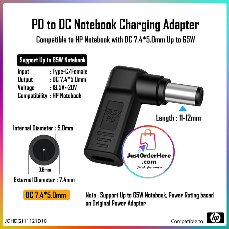 DG Charging Adapter Type C Female to DC 7.4*5.0mm - Compatible to HP 65W