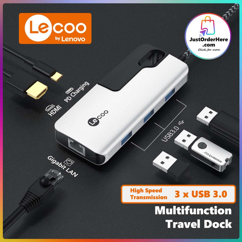 Lecoo 6 in 1 Type C Portable Dock - HDMI / PD / Gigabit Lan / USB3.0x3