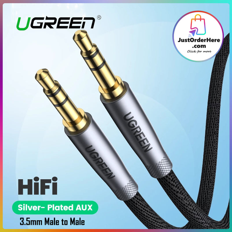 Ugreen 3.5mm Male to Male Silver Plated Braided AUX Cable streams Hi-Fi stereo audio