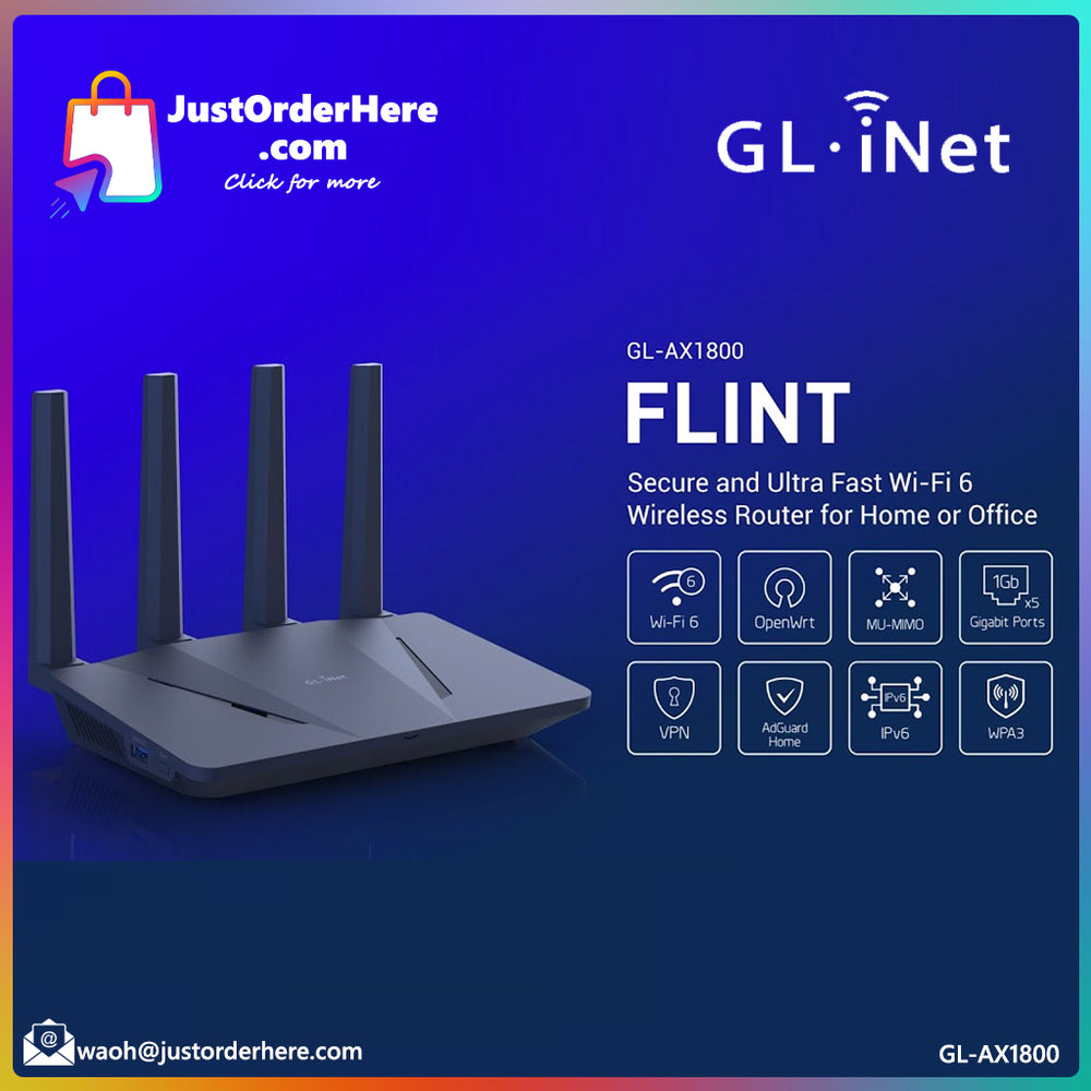 GL.iNet Flint Secure Ultra Fast Wi-Fi 6 AX1800 Dual Band Wireless Rout