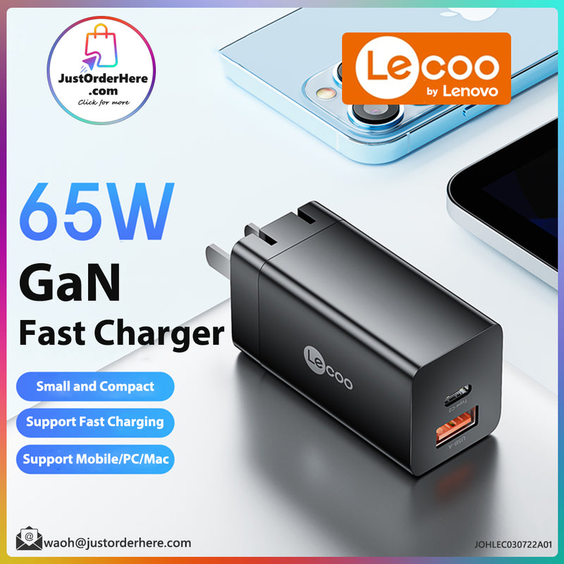 Lecoo 65W 2 Ports ( Single Type C Single USB A) PD GaN Charger - US Plug (Black)