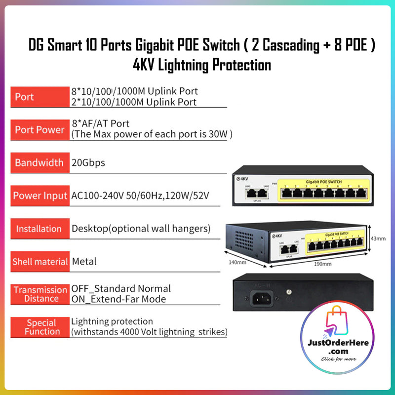 DG Smart AI 10 Ports Gigabit POE Switch ( 2 Cascading + 8 POE ) 4KV Lightning Protection