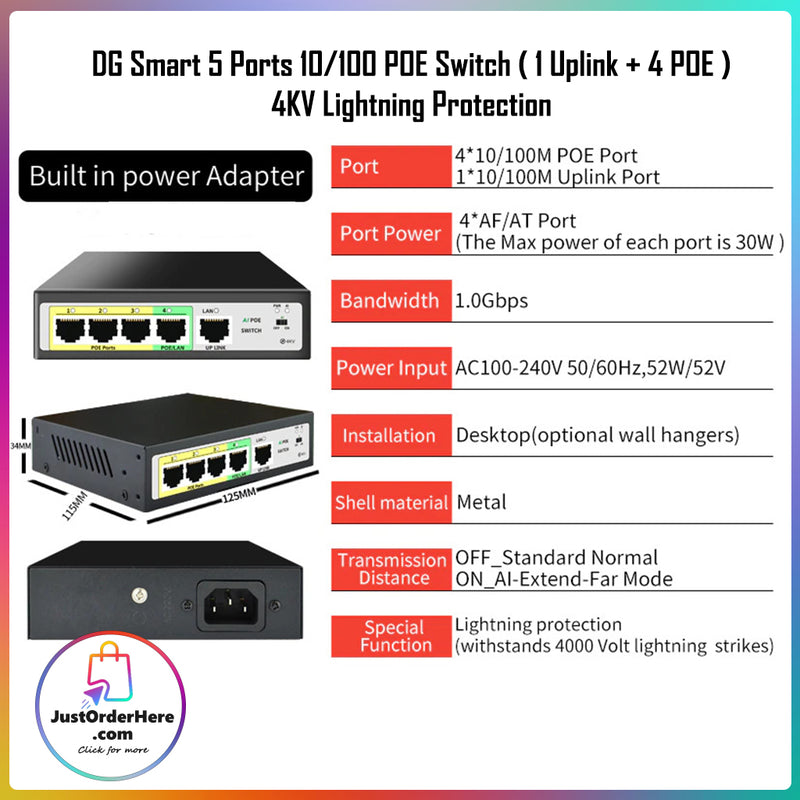 DG Smart AI 5 Ports 10/100M POE Switch ( 1 Uplink + 4 POE ) - 52W/4kV Lightning Protection