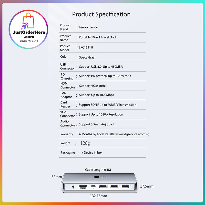 Lenovo Lecoo 10 in 1 Type C Travel Portable Port Replicator / Docking Station