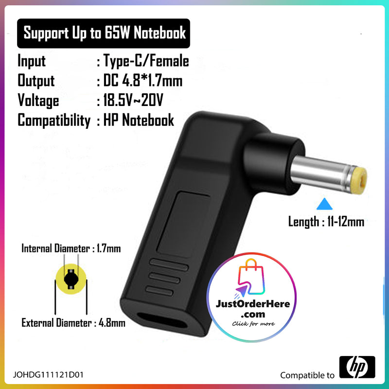 DG Charging Adapter Type C Female to DC 4.8*1.7mm - Compatible to HP 65W
