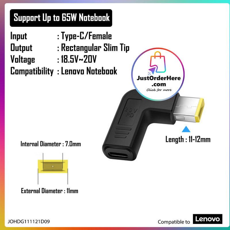 DG Charging Adapter Type C Female to DC Rectangular Slim Tip - Compatible to Lenovo 65W