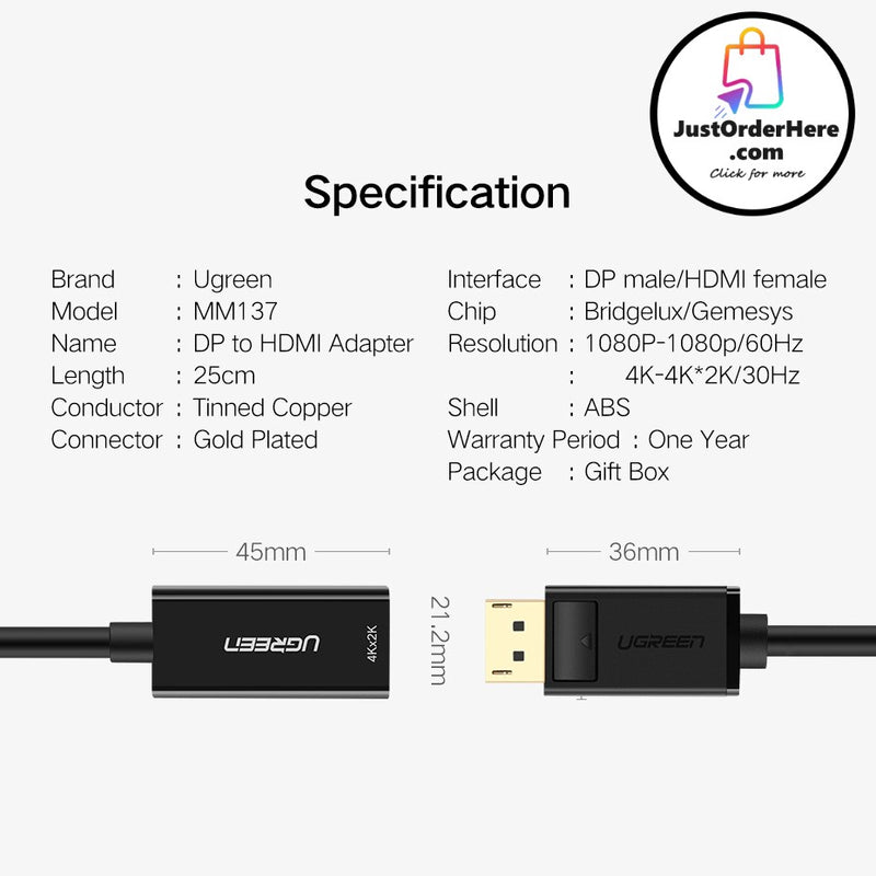 Ugreen 4K/1080P  DisplayPort DP to HDMI Adapter